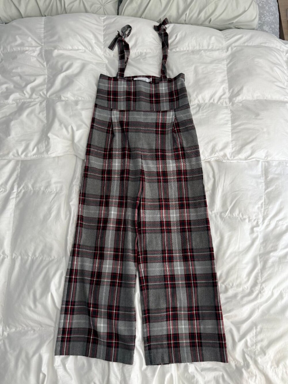 Gray Plaid Wide-Leg Jumpsuit